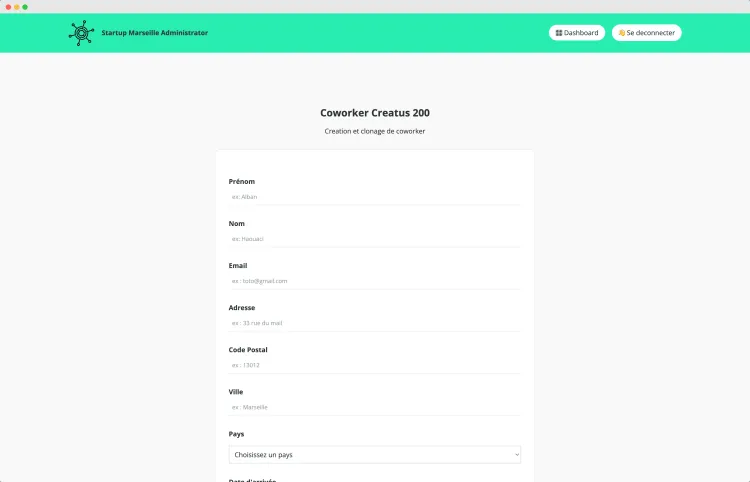 Formulaire de création de coworker